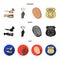 Robbery attack, fingerprint, police officer badge, pickpockets.Crime set collection icons in cartoon,black,flat style