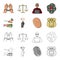 Robbery attack, fingerprint, police officer`s badge, pickpockets.Crime set collection icons in cartoon,outline style
