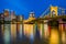 The Roberto Clemente Bridge and Pittsburgh skyline at night, seen from Allegheny Landing, in Pittsburgh, Pennsylvania