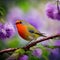 Robin bird in Spring season on a tree branch covered with purple flowers. Generative AI