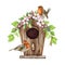 Robin birds on the birdhouse with spring floral decor. Watercolor illustration. Cute small garden birds on wooden