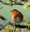 Robin, fluffy, cold, sunlit, head cocked.