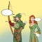 Robin Hood aiming on target. Medieval legends. Heroes of medieval legends. Lady in medieval dress.