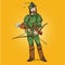 Robin Hood in a hat with feather. Defender of weak. Medieval legends. Heroes of medieval legends. Halftone background.