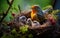 robin mother chirping with her cubs in their nest, green background and sunset, warm colors, bird and cubs, a mother\\\'s love