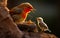 robin mother chirping with her cubs in their nest, green background and sunset, warm colors, bird and cubs, a mother\\\'s love