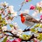 Robin perched atop a blooming hawthorn tree