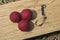 Robin Red Boilies with fishing hook. Fishing rig for carps, boilie rig, near the lake on a piece of wood