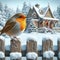 Robin red-breast sitting on snowy fence