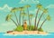 Robinson crusoe island. Man on desert island in ocean and palm coconut trees. Tropical paradise landscape, sandy beach