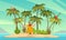 Robinson Crusoe. Man on desert island and palm trees with parrot and monkey, tropical paradise landscape, sandy beach