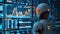 Robot Analyzing Complex Stock Market Monitors