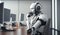 Robot android 3d rendering of humanoid technology background abstract in office city view. Futuristic cyborg learning laptop
