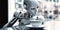 Robot android cyborg waiter serving new technology concept. Humanoid holding a cup of coffee, futuristic restaurant or