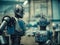 Robot android. Old rusting vintage robot of blue color. AI generated