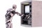 Robot android using an automatic teller machine for cash withdrawal. 3D illustration