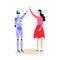 Robot android and woman friendly greeting flat vector illustration isolated.