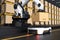 The Robot arm picks up the box to Autonomous Robot transportation in warehouses, Warehouse automation concept