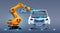 Robot arm work on car factory or manufacturing line. Robotic hand attaches windshield or glass on car body. Industrial automation