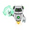 Robot with artificial intelligence, bot. Funny cartoon character points on round hologram. Humanoid cybernetic organism. Future