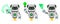 Robot with artificial intelligence, bot, set of three poses. Funny cartoon character points on hologram and shows on green lamp.