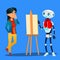 Robot Artist Paints On Easel Portrait Of Woman Vector. Isolated Illustration