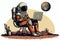 The robot astronaut man sits with laptop. Search on the Internet. Internet surfing