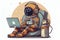 The robot astronaut man sits with laptop. Search on the Internet. Internet surfing