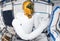 Robot astronaut on a space station.Elements of this image were furnished by NASA