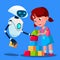 Robot Baby Sitter Playing Cubes With Child Vector. Isolated Illustration