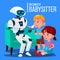 Robot Babysitter Reading A Book To Child On The Sofa Vector. Isolated Illustration