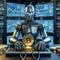 A robot behind a computer mines bitcoins and makes electronic payments