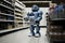 robot, browsing aisles in kitchen store, selecting new appliances