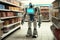 robot, browsing aisles in kitchen store, selecting new appliances