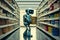 robot, browsing through the aisles of supermarket, picking up and examining various foods