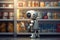 robot, browsing shelves of modern store, picking out items for purchase