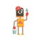 Robot buider character, android standing with trowel and bucket cartoon vector illustration