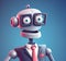 Robot businessman avatar, closeup portrait of android in buseness suit and glasses over blue background, generative AI