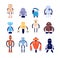 Robot characters. Cute fiction mechanical toy. Isolated technology androids for kids. Children vintage futuristic cyborg