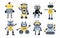 Robot characters. Different cyborg assistants assembled from elements kit. Cartoon kids androids. AI technologies
