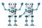 Robot characters set. White cyborg mascot standing with waiving hand gestures