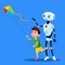 Robot With Child Fly A Kite Vector. Isolated Illustration