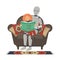 Robot with child sitting in armchair and reading book.