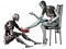 Robot cinderella, android man tries a red high heel shoe in the foot of an android woman, 3d illustration