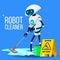 Robot Cleaner Washing The Floor With Bucket And Mop In Hand Vector. Isolated Illustration