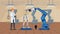 Robot construction plant flat vector illustration. Smiling scientist in white coat building droid character. Cyborg