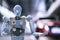 Robot cyber future futuristic humanoid auto, automobile, automotive car check fix in garage industry inspection inspector