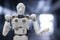 Robot cyber future futuristic humanoid auto, automobile, automotive car check fix in garage industry inspection inspector
