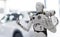 Robot cyber future futuristic humanoid with Drone technology engineering device check, for fix in garage industry inspection,