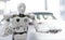 Robot cyber future futuristic humanoid with Drone technology engineering device check, for fix in garage industry inspection,